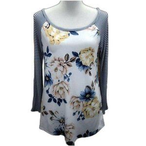 Lake Flower Floral Print Scoop Neck Striped Tunic